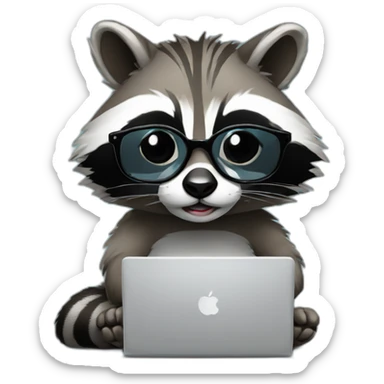 racoon wearing glasses and a white t-shirt working on a black laptop sticker