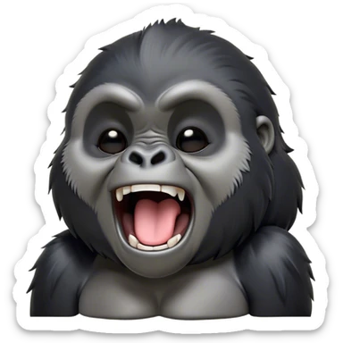 Cinematic Cute Yawning mountain Gorilla Portrait Emoji, Head tilted slightly with a dramatic, wide-open yawn, showcasing a formidable build with a black and greyy mane and drowsy, half-closed eyes, Simplified yet irresistibly adorable features, highly detailed, glowing with a soft, cozy jungle glow, high shine, relaxed yet expressive, stylized with a dash of whimsical primate charm, soft glowing outline, capturing the essence of a drowsy yet affectionate guardian that appears ready to stretch out for a nap! sticker
