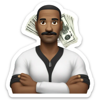 man with black moustache, a sly smirk, wearing track suit, with cash and playing cards in his hands sticker