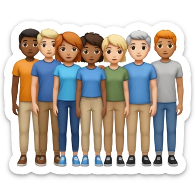 14 personagens de diferentes tons de pele e estilos de cabelo, vestindo roupas casuais em diferentes cores, todos agrupados lado a lado sticker