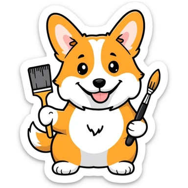 Corgi holds brushes in his paw for drawing sticker