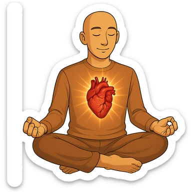 Person is meditating and his heart is glowing and shining, general style, with a real organ heart form sticker