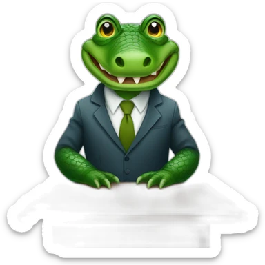 An alligator wearing a suit sitting on a table looking straight sticker