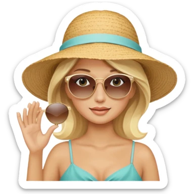 
blonde in light big beach elegant hat holds hat and with second hand holds sunglasses on face sticker