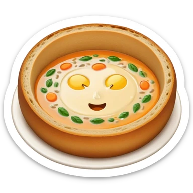 Żurek Cinematic Realistic Żurek Soup Dish Emoji, depicted as a tangy rye soup served inside a hollowed-out round loaf of bread, rendered with rich textures and dynamic, comforting lighting. sticker