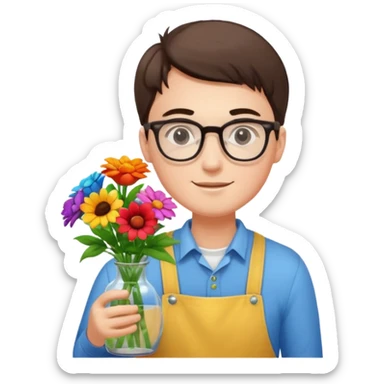 Young male florist – wearing glasses, arranging flowers in a vase. sticker