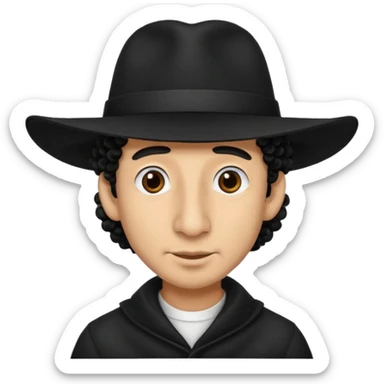A man with a big nose and a black hat like a top hat but round and all black, with a strand of curly hair coming out from both sides of the hat sticker