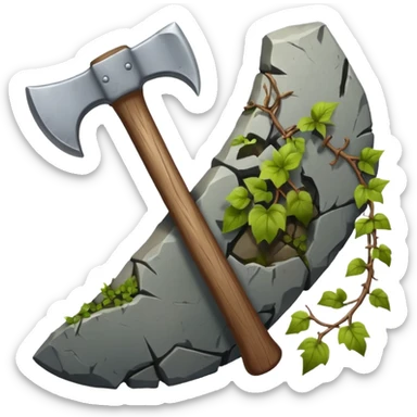 A sharp stone axe with wooden handle tied by vines.





 sticker