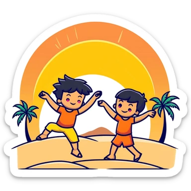 Happy cartoon character dancing on beach with sun rays highlighting them, tripa tropa party mood, sand and palm trees sticker