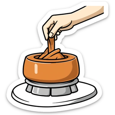 single hand scooping a mound of clay on a silver pottery wheel sticker