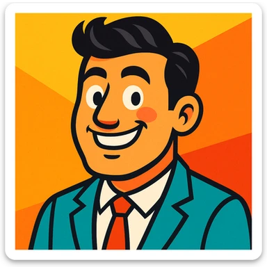 a smiling man with thick hair, looking confident and happy after a hair transplant, vibrant cartoon style sticker