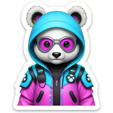 cute cyberpunk panda, neon hoodie, cyber goggles, glowing patterns, futuristic armor details, 3D cartoon, mobile game icon style, clean background, no text, no watermark
 sticker