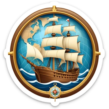 Icon for Historical Movies: Age of Great Geographical Discoveries. A vintage movie poster-style design with a sailing ship, a compass, and a globe. Include explorers with maps, sea waves, and distant lands in the background. Retro cinematic style. Transparent background. sticker
