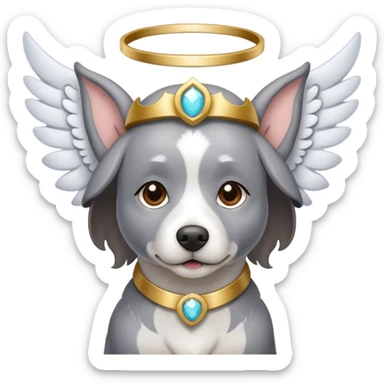 A gray dog with white spots and brow eyes in heaven with wings and a halo sticker