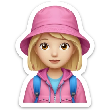 A student white skin, blonde hair, with pink bucket hat, orange jacket, blue backpack sticker