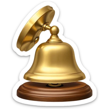A hotel bell with a polished brass surface on a wooden base sticker