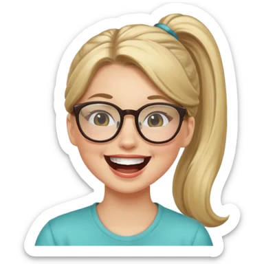 White girl with hair in a ponytail and glasses laughing sticker