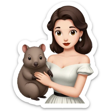 Beautiful woman in 1950’s woman fashion look, off-shoulder white dress, long dark brown hair, wombat sticker