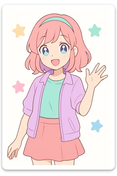 playful anime style, pretty young woman, cheerful expression, casual outfit, tasteful and cute, vibrant colors, no explicit content sticker