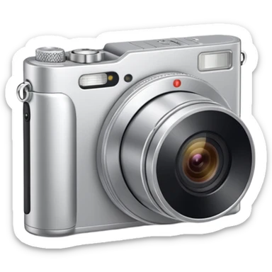 compact fully silver digital camera with a circular extended lens, metallic finish, small built-in flash and minimal buttons. from a slight 45 degreee angle sticker