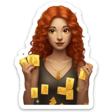 red hair beautiful girl with brown tarot gold cards sticker