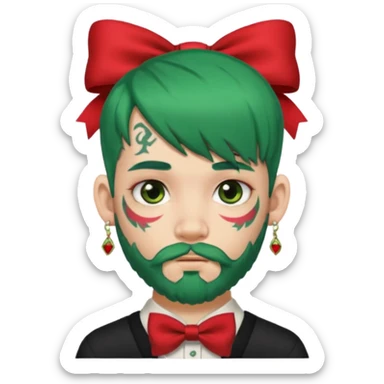 boy with bangs and green hair and red hairbow on side and earrings and very heavy face tattoos and beard sticker
