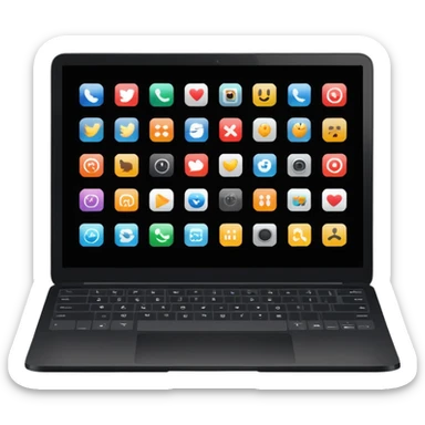 A simple black laptop displaying app icons in grid, no key labels sticker