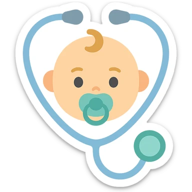 Prompt (на английском, как принято для генерации изображений):
"A clean, high-quality vector illustration of a baby's face with a pacifier, surrounded by a stethoscope forming a heart shape around the head. The design should include soft shadows and glossy highlights for depth and realism. Smooth lines, pastel color palette, minimalistic but expressive details. Ideal for a medical or pediatric logo or illustration. White backgroun sticker