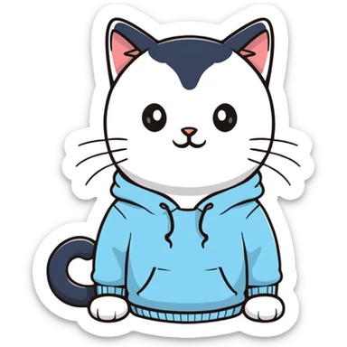 black and white cat wearing light blue sweatshirt sticker