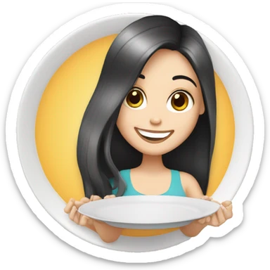 white girl with long black hair smiling and holding a plate sticker