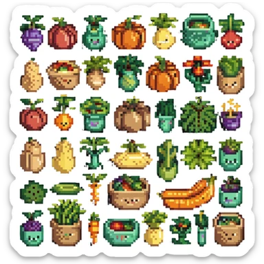Pixel art of dietary fiber showing whole grains, vegetables, fruits and legumes connected by fiber strands, with an intestine character showing improved digestion sticker