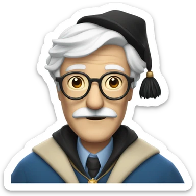 older man with white skin, black longer hair, mustache, glasses, with a magic hat, ravenclaw sticker