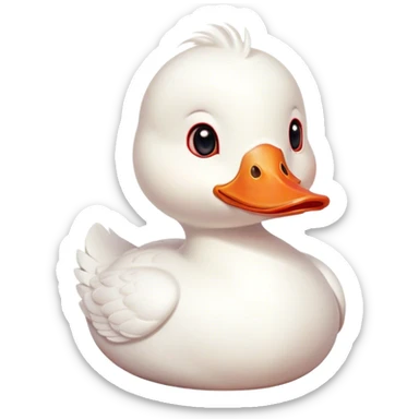 Cinematic Cute White Duck Portrait Emoji, Head tilted playfully and inquisitively, featuring a glossy, immaculate white plumage with a charming red bill, round, sparkling eyes filled with curiosity, Simplified yet irresistibly adorable features, highly detailed, glowing with a warm, friendly glow, high shine, affectionate and lively, stylized with a touch of whimsical charm, bright and endearing, soft glowing outline, capturing the essence of a mischievous yet loving duck, so playful it feels like it could waddle out of the screen and into your arms! sticker