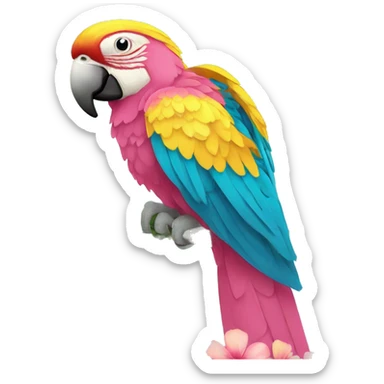 Summer beach cyan pink mustard yellow multicoloured parrot macaw bird holding a plant vine in beak Spanish Italian Mediterranean style floral sticker