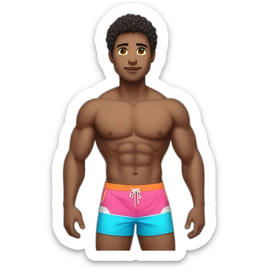 man with full athletic body in swim trunks, light skin and dark combed hair doing a pose sticker