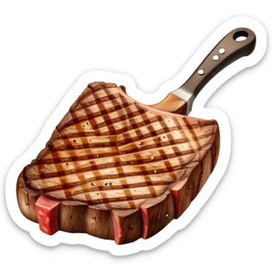 Cinematic thick-cut t-bone steak, perfectly seared with grill marks, a grilled center, rich and savory, warm glow, sizzling and mouthwatering, highly detailed and appetizing. sticker