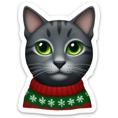 Black and grey Cat with green eyes and Christmas sweater sticker