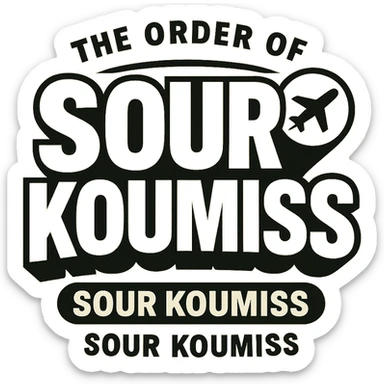 A retro 90s logo for 'The Order of Sour Koumiss' with bold typography and a subtle travel-related icon, in black and white sticker