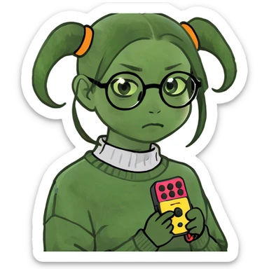 a half Japanese girlie with glasses holding buzzers and part of her head shaved. She has concepts of a psychotic break. sticker