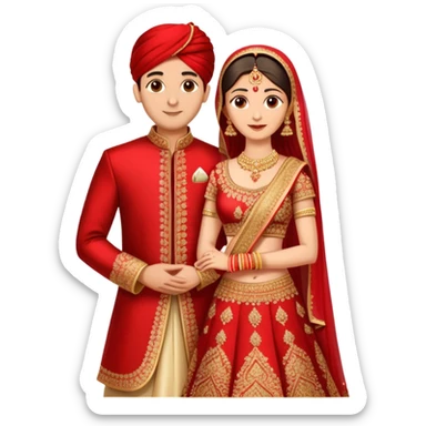 Indian married couple in traditional wedding attire, bride in red and gold wedding lehenga or saree, groom in sherwani, both with fair skin, groom is clean shaven sticker