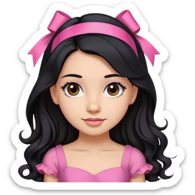 Beautiful girl with long black hair in a half-up half-down hairstyle with pink ribbon tying the top half, waves at the ends, brown eyes, light skin, slight smile, and pink dress sticker