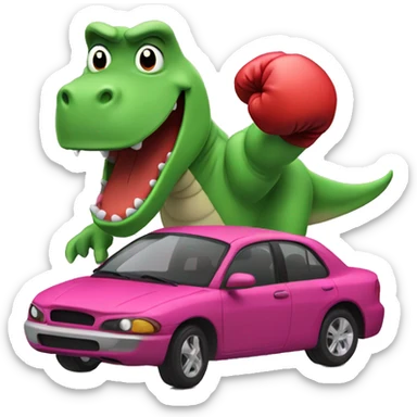 Barney the dinosaur as a car with boxing gloves sticker