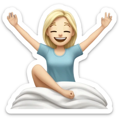 Happy pale girl wakes up in bed and stretches hands up in the air  sticker