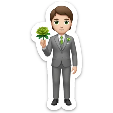 Chico blanco, pelo castaño, ojos verdes, traje boda gris y flor solapa , cuerpo entero sticker