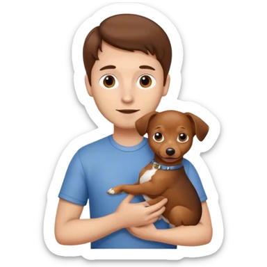 Man with brown hair and white skin carrying a chiweenie sticker