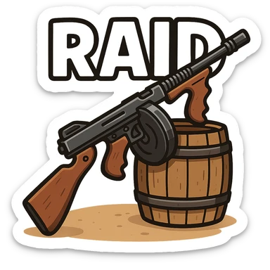 A detailed Thompson submachine gun with a drum magazine leaning against a barrel, with the word 'RAID' prominently over it, suitable for an icon or sticker sticker