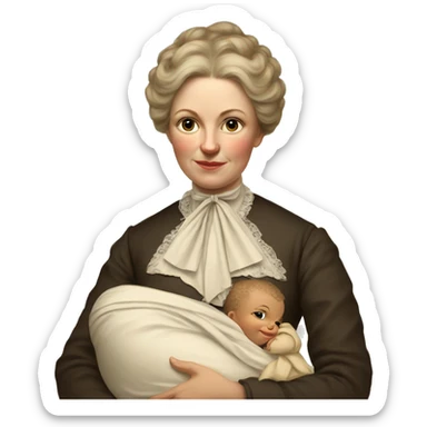 A 19th century white woman with a baby in her arms. There is a big letter "A" on the dress sticker