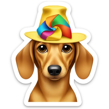 Yellow dachshund in multi color hat with pinwheel sticker