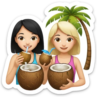Two girls drinking out of a coconut one is Asian with black hair the other is white with blonde hair  sticker