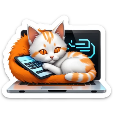 kitten sleeping on a futuristic scifi cyberpunk laptop sticker